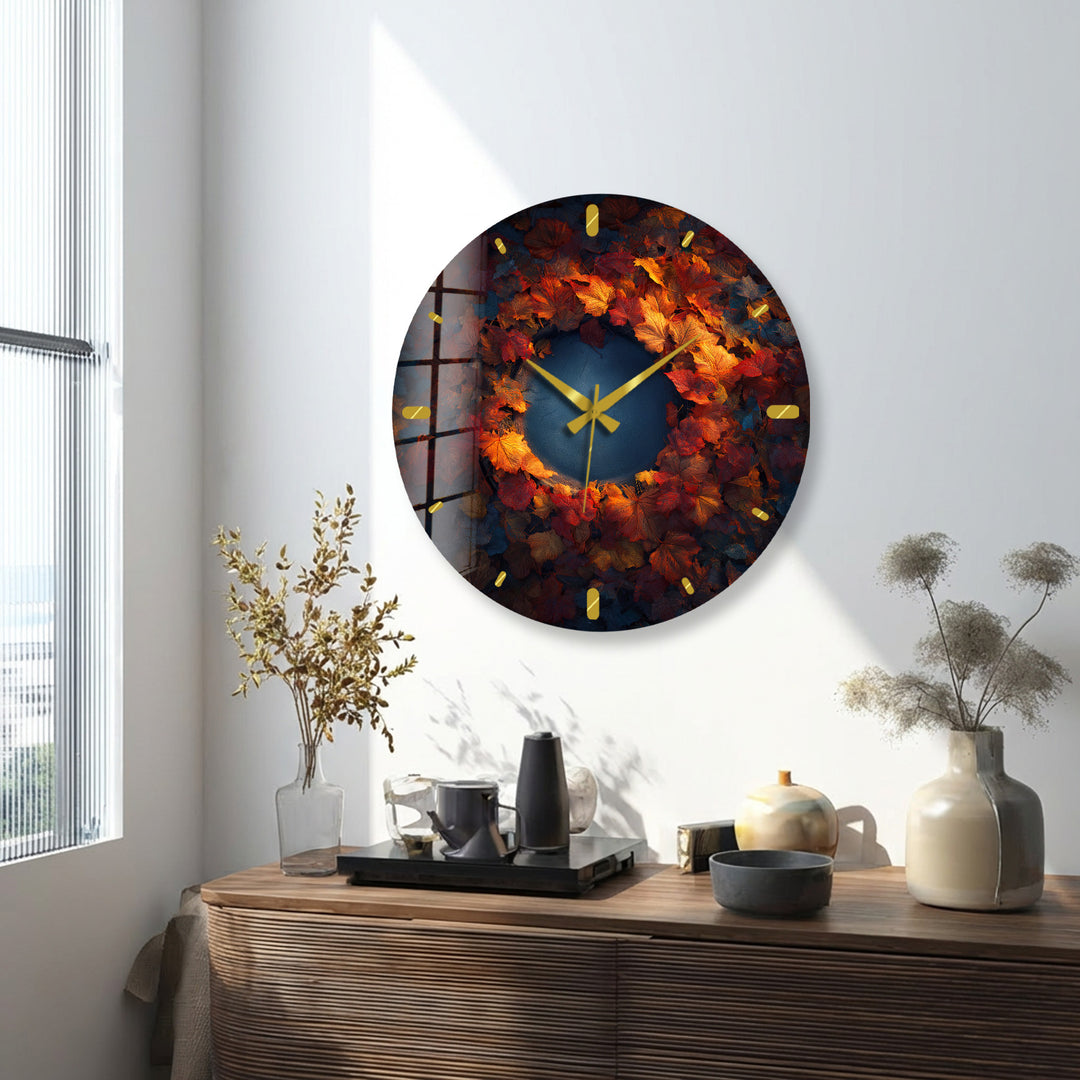 Glas-Wanduhr mit Herbstblättern – rustikales Herbstkranz-Dekor