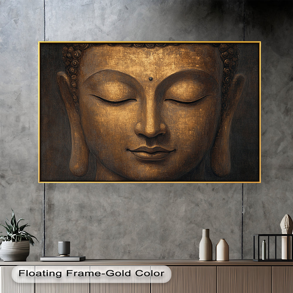 An elegant and spiritual depiction of Buddha’s face, glowing with a soft golden hue against a dark, textured background.