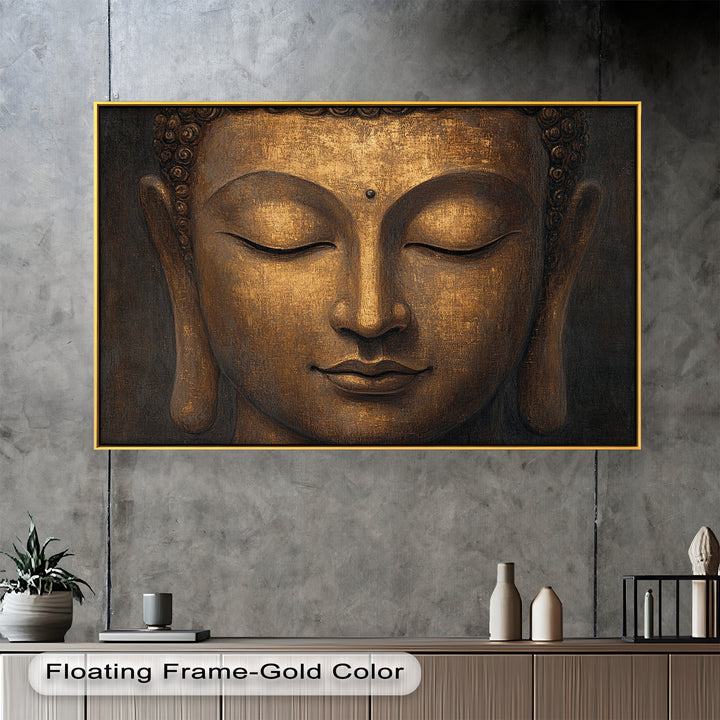 An elegant and spiritual depiction of Buddha’s face, glowing with a soft golden hue against a dark, textured background.