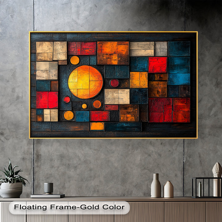 Geometrische Sunburst Fusion – Farbenfrohe Ölgemälde