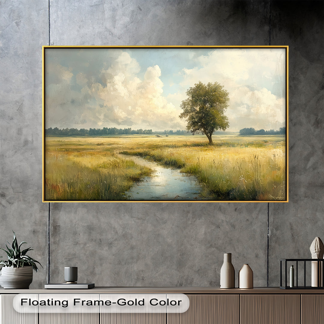 Expressive brushstrokes bring movement to this pastoral scene, highlighting the depth of the golden plains, the softness of distant trees, and the ethereal charm of drifting clouds.


