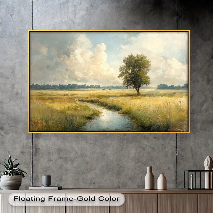 Expressive brushstrokes bring movement to this pastoral scene, highlighting the depth of the golden plains, the softness of distant trees, and the ethereal charm of drifting clouds.

