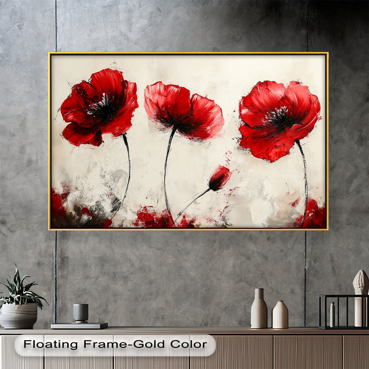 Crimson Elegance – Bold Red Poppies on Cream Flower Oil Painting