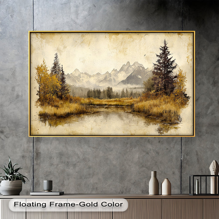 With soft reflections and a gentle mist, the artwork invites viewers into a quiet, peaceful wilderness retreat.