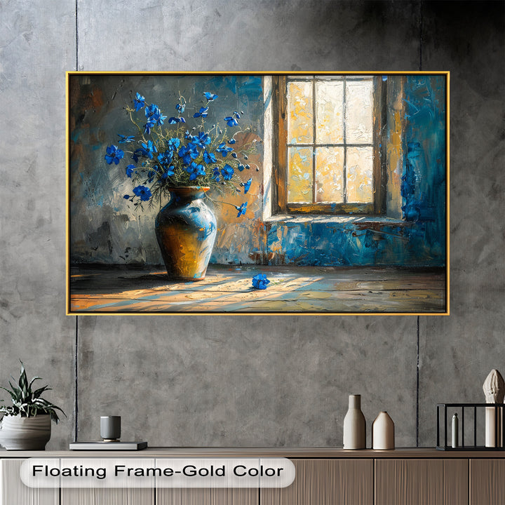 Blue Flowers in Vase – Rustic Still Life Oil Painting