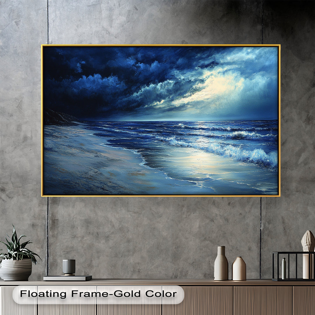 The crashing waves and sweeping clouds create movement and intensity, drawing the viewer into a mesmerizing coastal scene.

