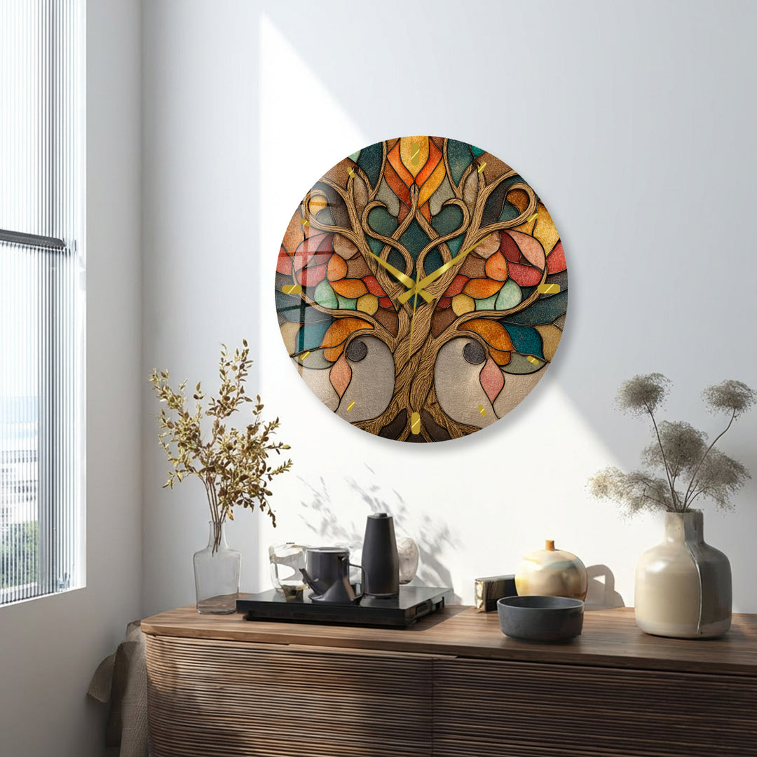 Autumn Tree of Life Glass Wall Clock – Stained Glass Style Decor