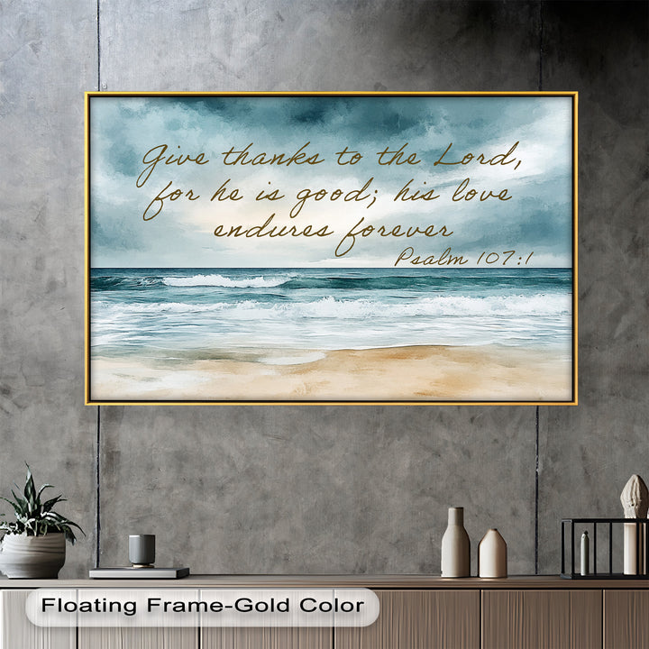 Christian wall art featuring a tranquil beach and a message of gratitude.






