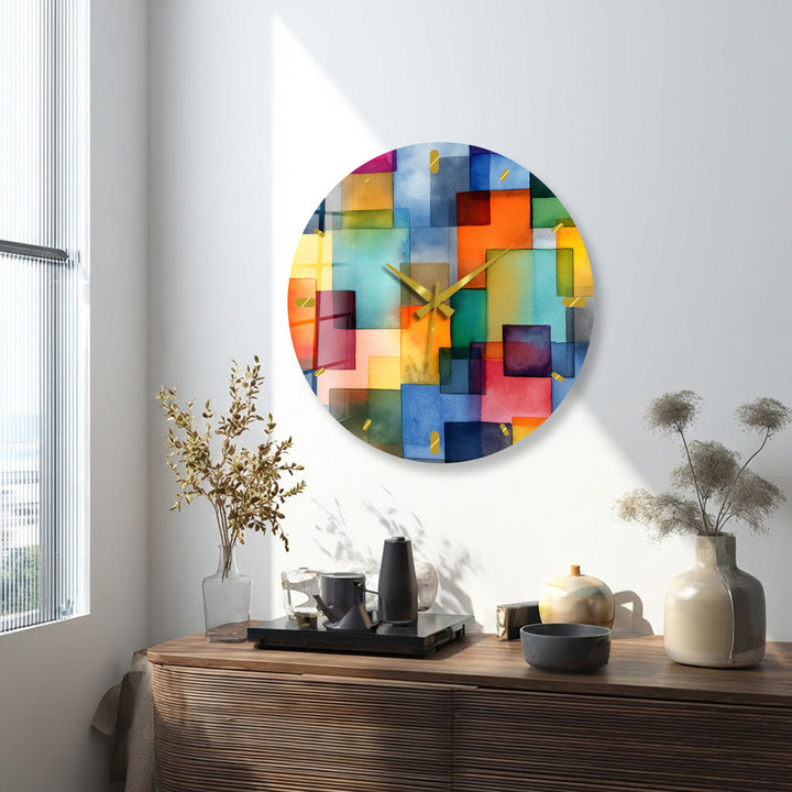 Colorful Geometric Glass Wall Clock – Abstract Color Block Art