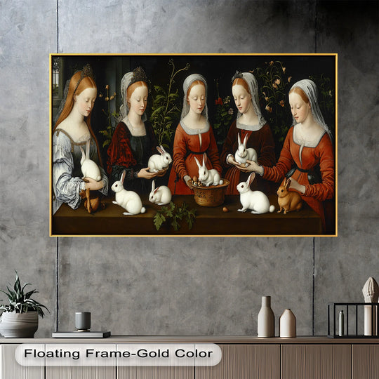Maiden Garden Gathering – Renaissance Rabbit Portrait Oil Painting - MyPhotoStation