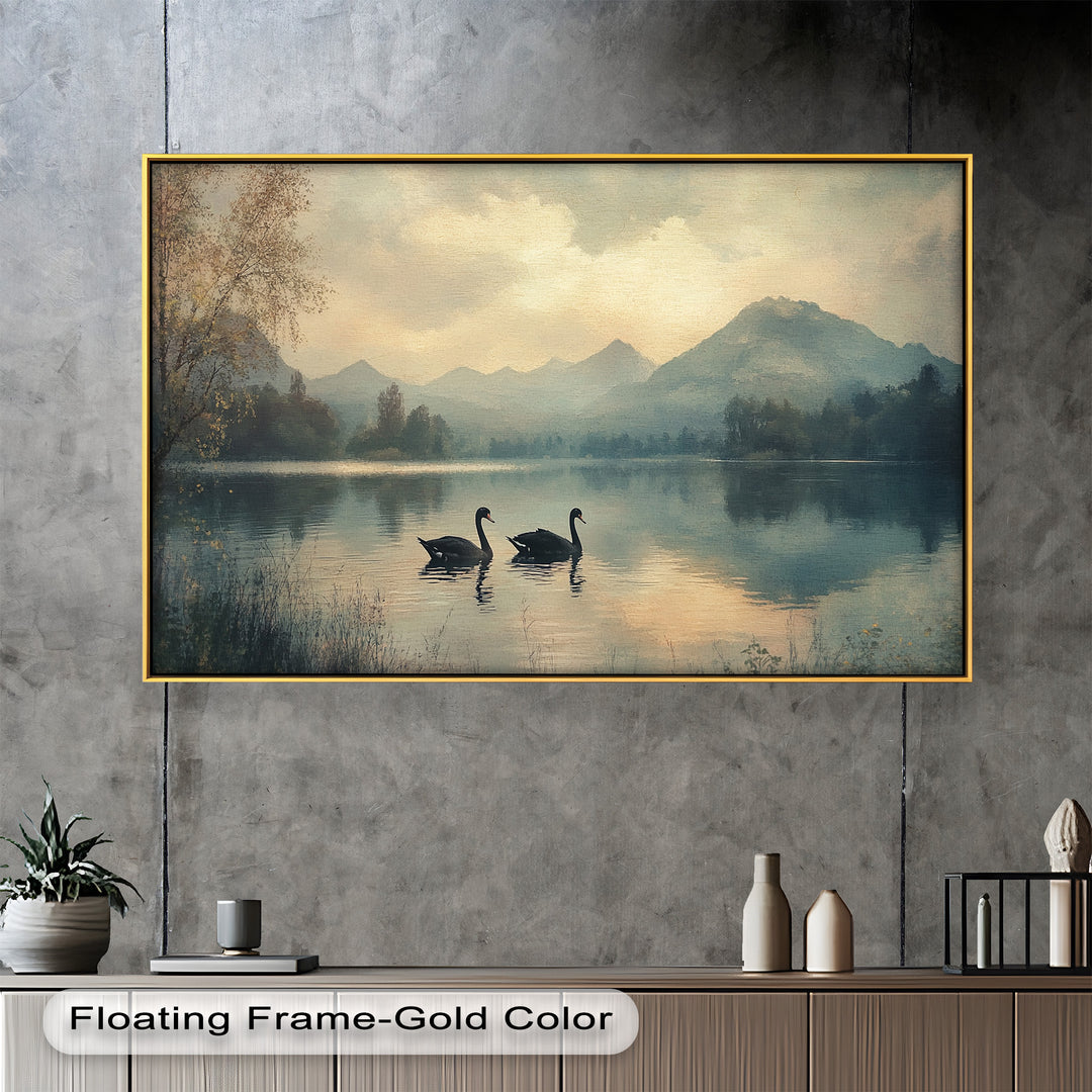 Black Swans on a Mountain Lake – Modern Oil Painting