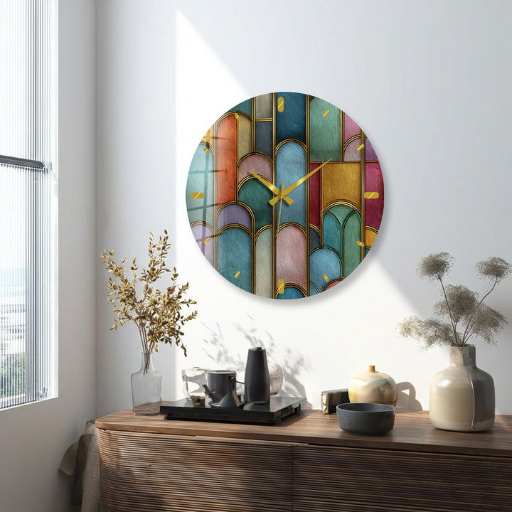 Art Deco Glass Wall Clock – Colorful Geometric Arch Decor