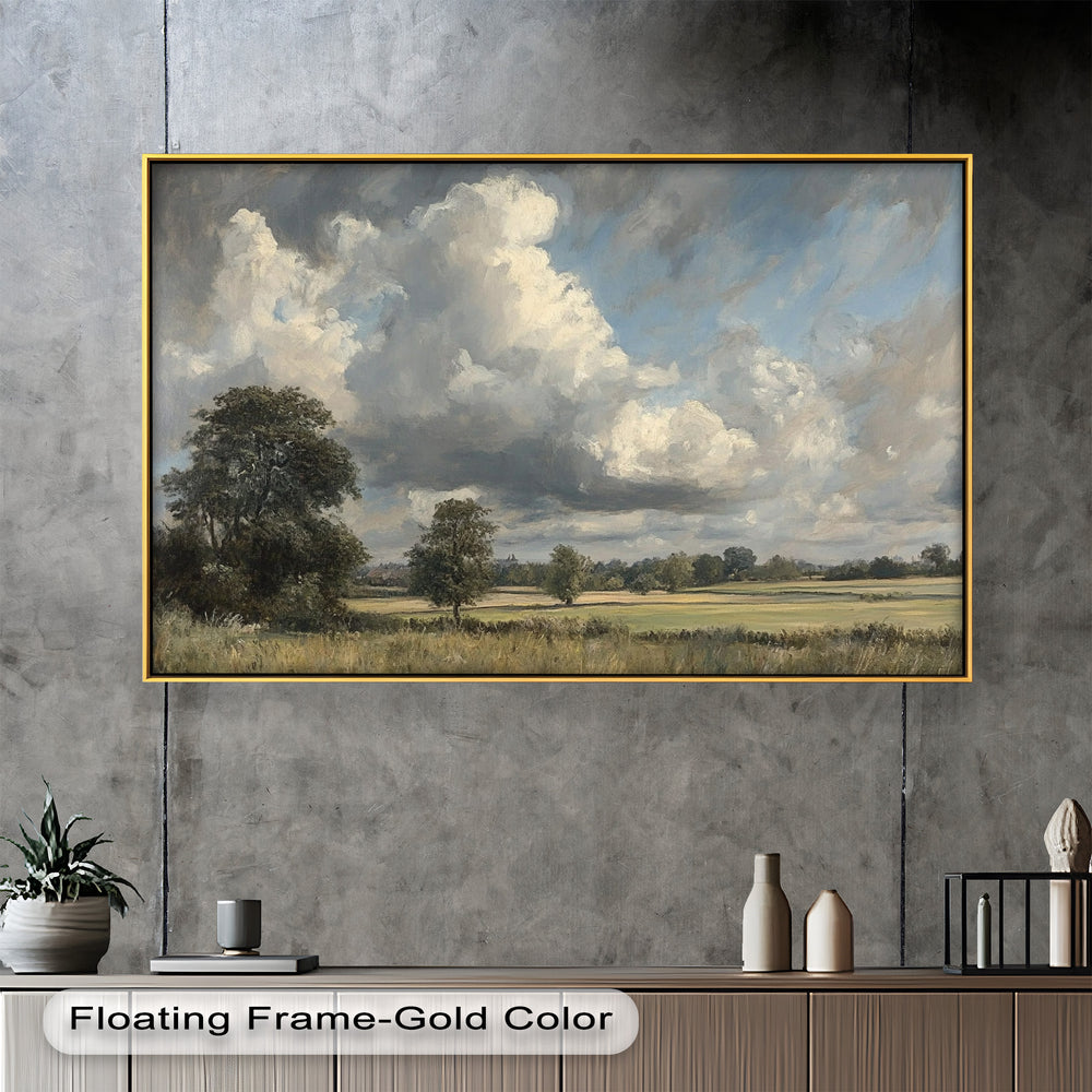This impressionist-style artwork captures the essence of a breezy afternoon, as towering clouds roll across a sunlit rural expanse, adding movement and depth to the serene scenery.