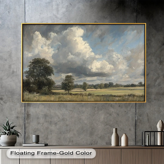 Dominated by the tempestuous sky, the oil painting home decor displays a framed stormy rural landscape with moody clouds hanging over sunlit fields.