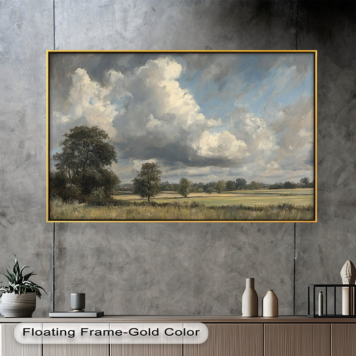 This impressionist-style artwork captures the essence of a breezy afternoon, as towering clouds roll across a sunlit rural expanse, adding movement and depth to the serene scenery.