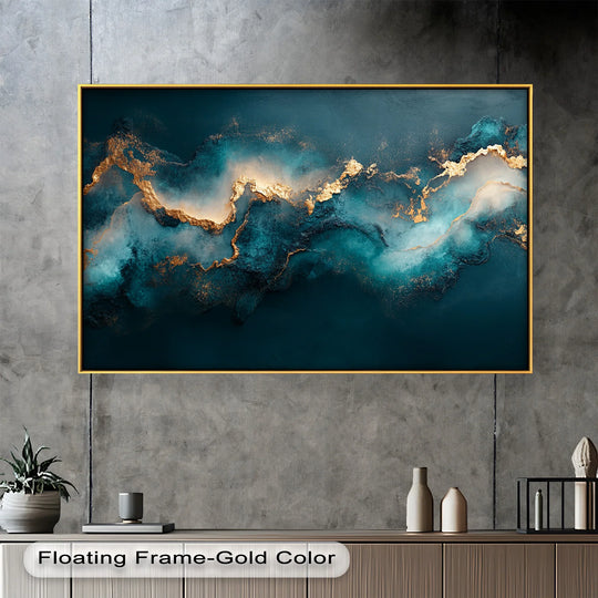 Geometric elements are showcased in the abstract luxury oil painting wall art, featuring bold, swirling shapes and lines of blue and gold.