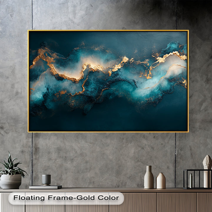 Abstract deep blue and gold textured artwork with a fluid, ethereal design.
