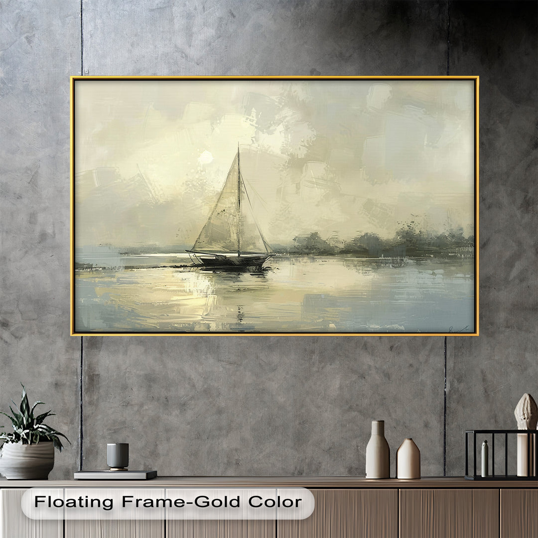 A serene impressionist-style painting featuring a sailboat drifting across calm waters, with soft golden hues reflecting off the peaceful seascape.