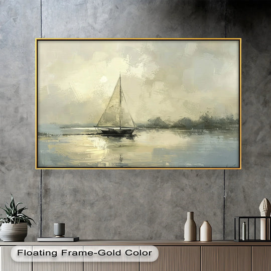 Calmness emanates from the vintage sailboat sailing ocean, a timeless nautical oil painting artwork that evokes tranquility with its soft, muted palette.