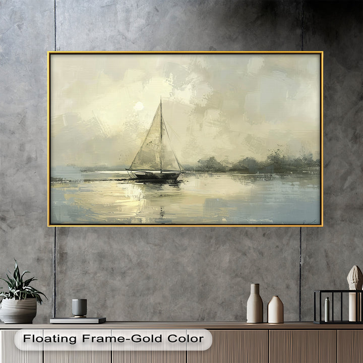 A serene impressionist-style painting featuring a sailboat drifting across calm waters, with soft golden hues reflecting off the peaceful seascape.