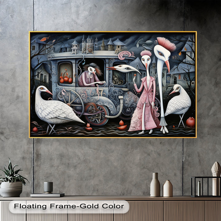 Crimson Couriers – Surreal Carriage Scene Oil Painting