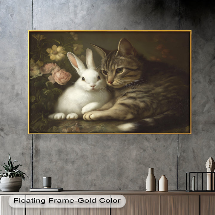 Cat and Rabbit in Floral Harmony - Animal Oil Painting