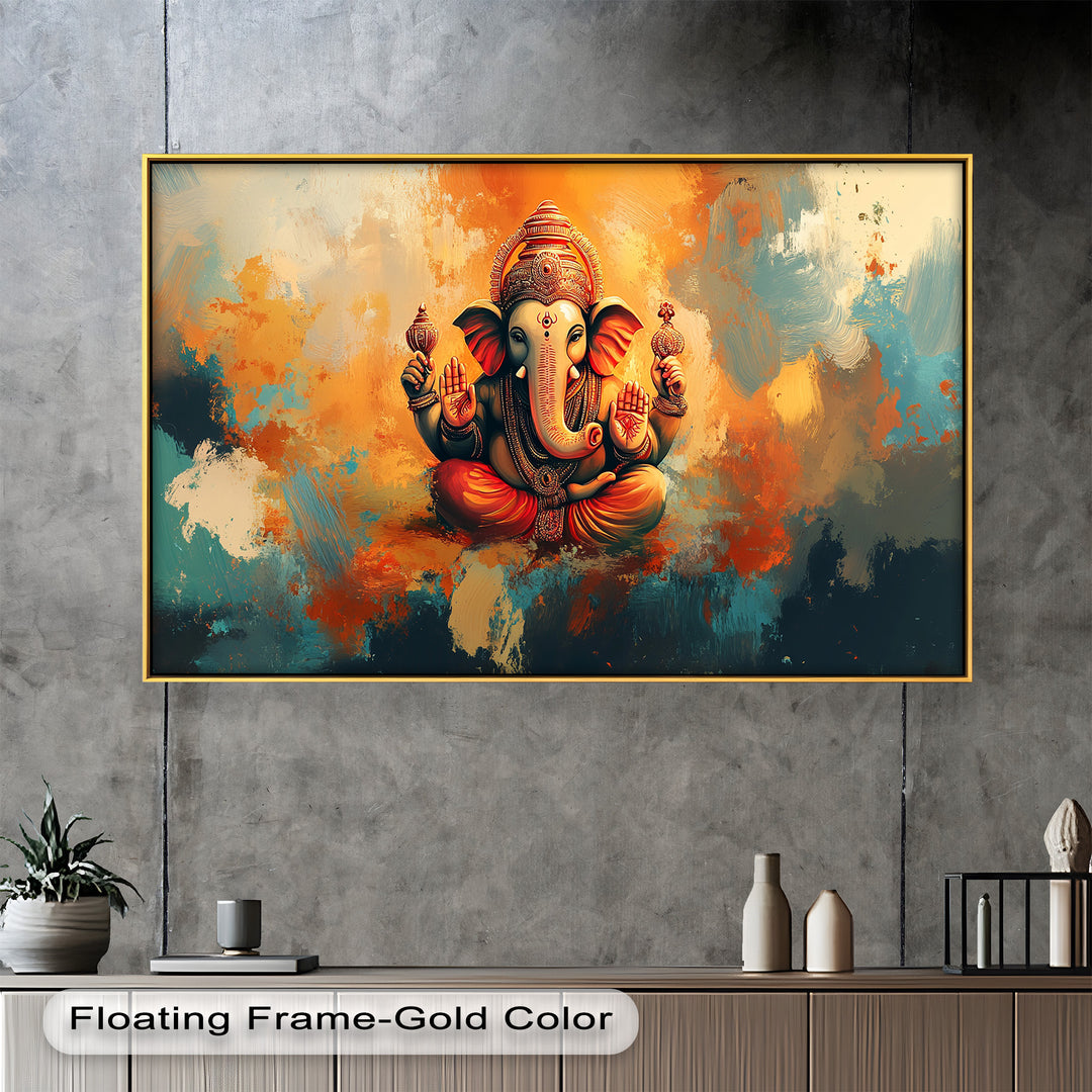 A vivid and colorful depiction of Lord Ganesha seated in a blessing pose, surrounded by abstract strokes of orange, gold, and blue.