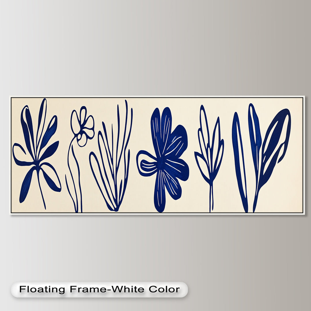 Indigo Bloom Line Art – Minimalistisches florales Ölgemälde