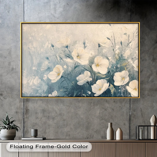 Visual rhythm is created through the repetition of delicate white wildflower blossoms in this elegant floral oil painting art prints, enhanced by soft brushstrokes and a gold floating frame.