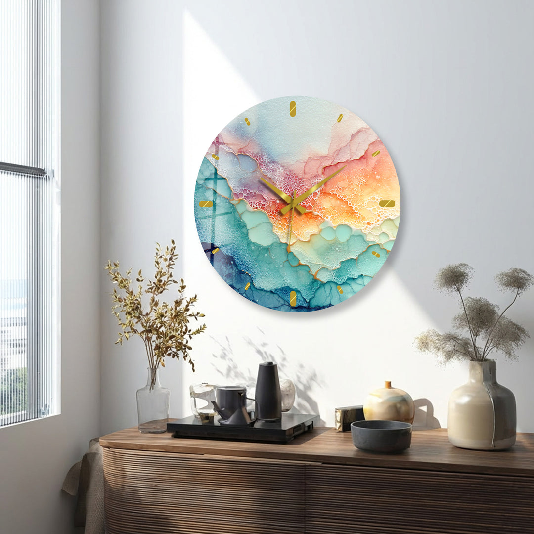 Pastel Fluid Art Glass Wall Clock – Pink and Teal Abstract Decor