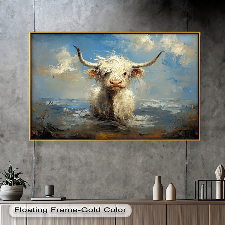 Highland Cow in Coastal Waters – Animal Oil Painting