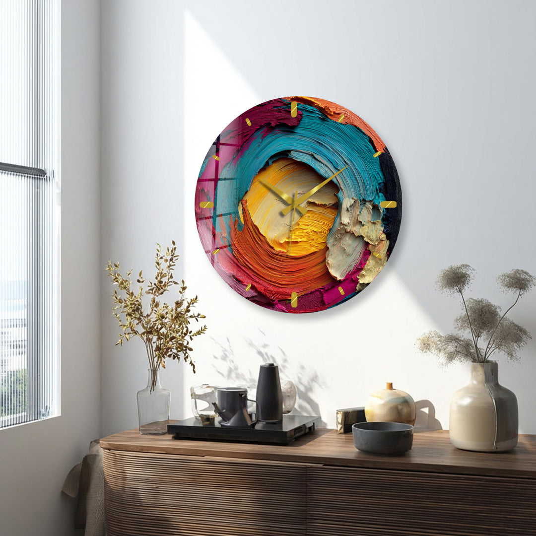 Colorful Abstract Glass Wall Clock – Vibrant Impasto Swirl Art
