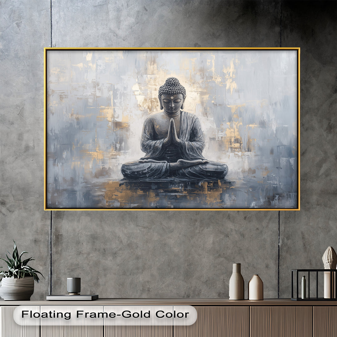 A peaceful painting of Buddha in a prayerful pose, seated in meditation against a soft abstract background with shades of grey and gold.