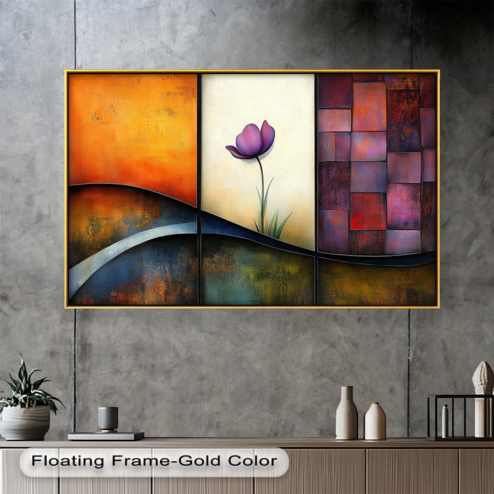 Stylized floral art print with vibrant orange, cream, and magenta tones.
