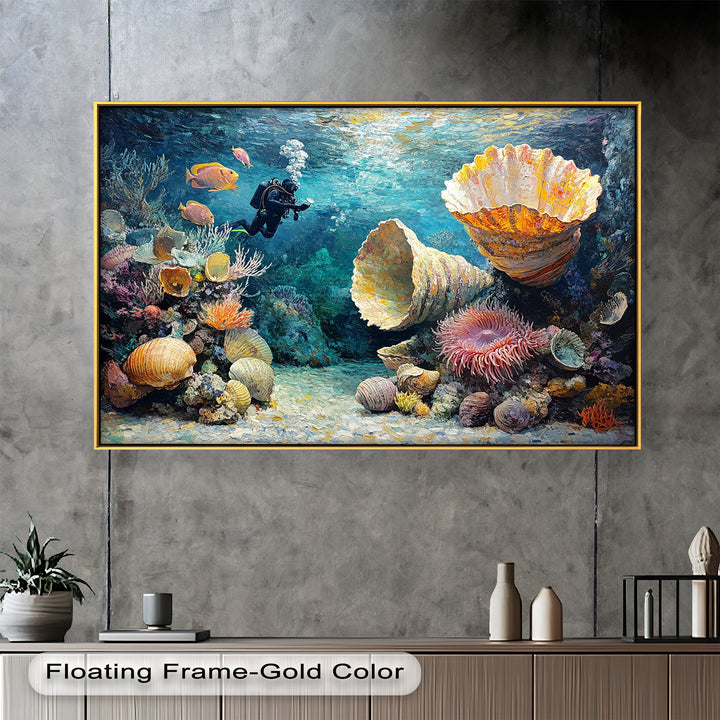 Diver Exploring Coral Reefs with Giant Shells - Animal Oil Painting