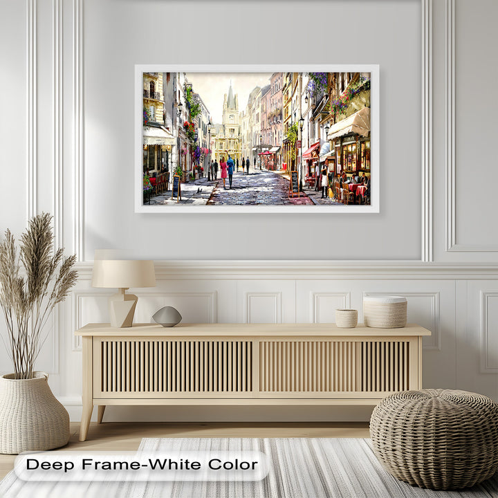 A vibrant city street oil painting showcasing a peaceful European town with elegant buildings, bustling cafés, and a dreamy golden sunlight glow