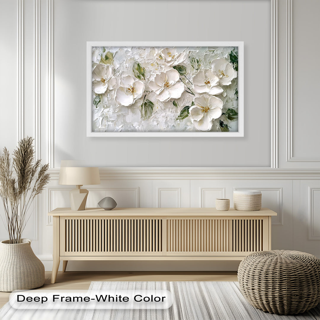 Textured white floral painting with lush green leaves and soft impasto details.
