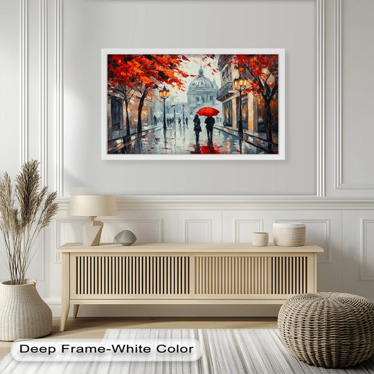 Glowing reflections illuminate the rain-slicked street in this modern oil painting art, where a shared red umbrella brightens the scene of lovers walking.