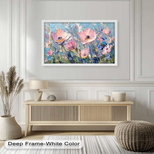 Highlighting the geometric elements, this modern oil painting art features a framed wildflower bloom with angular petals in contrasting pink and violet hues.