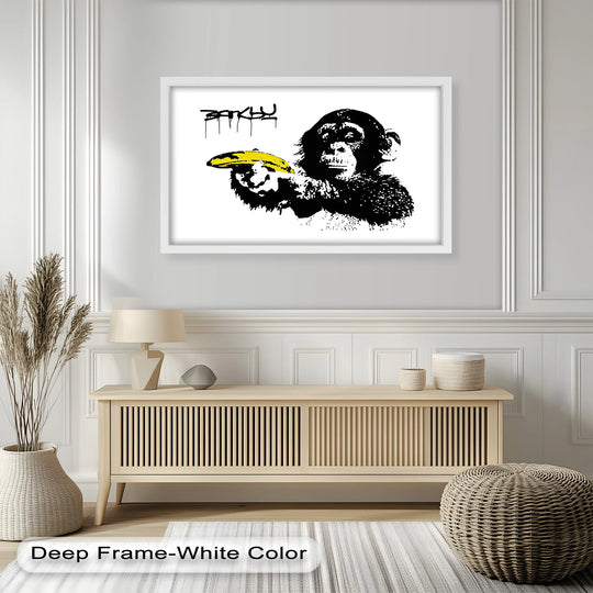 Through the layering effect, the satirical Banksy oil painting wall art brings depth to the room, enhancing the monkey with banana gun design and overall home decor.