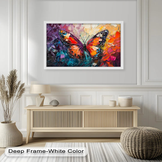The realistic detail showcases the textured brushstrokes and vibrant hues of the animal oil painting home decor, capturing the radiant butterfly's essence in a blooming spectrum.