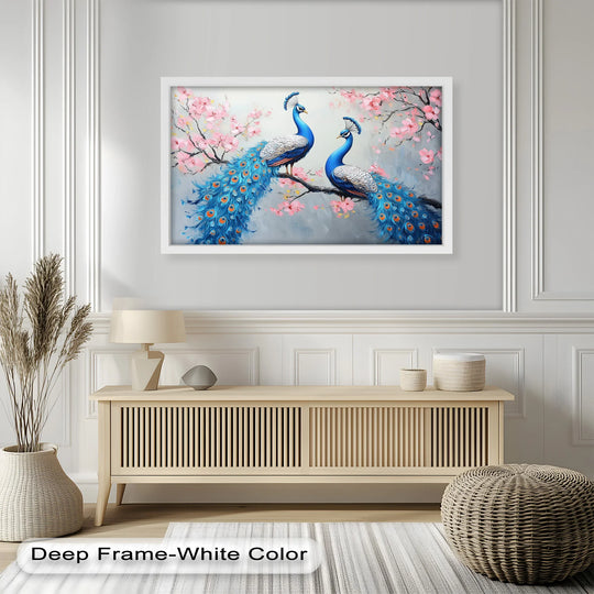 Featuring an ethereal gray background that enhances the elegant peacocks among cherry blossoms, creating a captivating oil painting decoration.