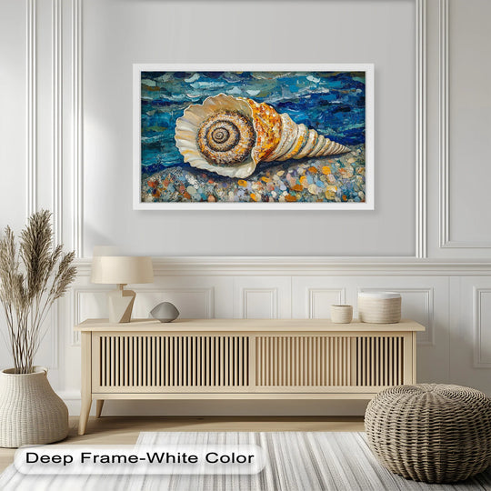 Abstract swirls and textured daubs bring a unique, abstract quality to this 'Whispers of the Sea' oil painting wall art depicting a spiral shell on a colorful shore.