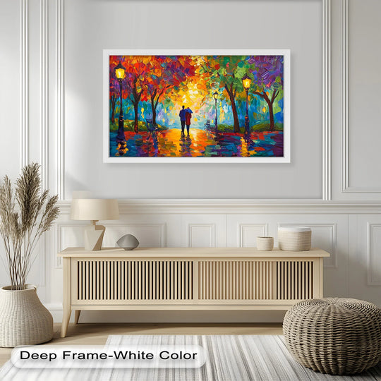 Repetitive brushstrokes create a vibrant, luminous visual rhythm in this autumn radiance oil painting artwork, portraying lovers beneath a canopy of colorful trees.