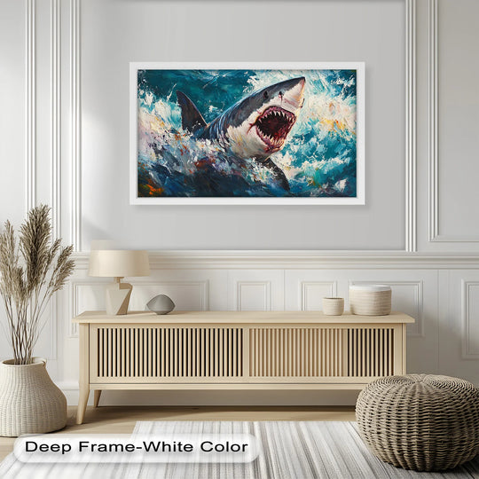 Displaying realistic detail, this oil painting art prints vividly captures a ferocious great white shark rising from turbulent, azure-toned waters in a dramatic animal artwork.