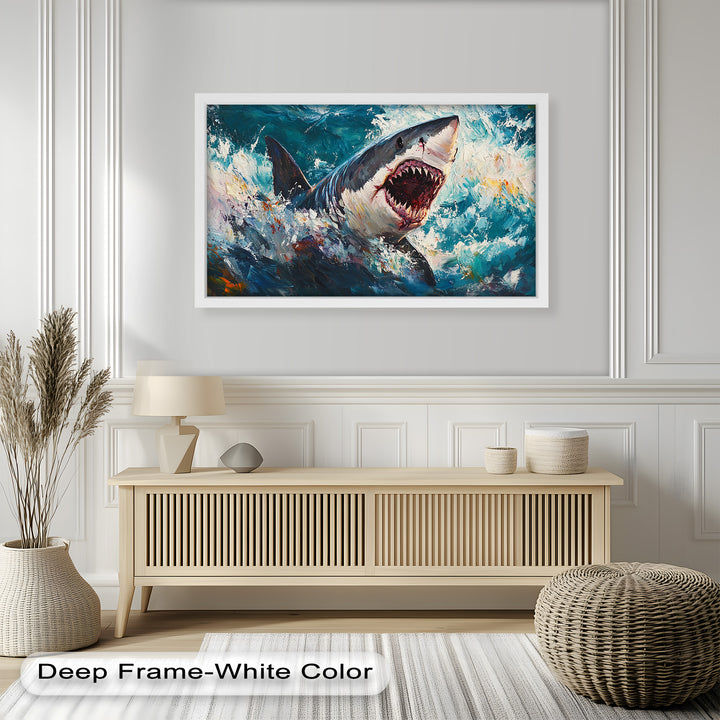 Ferocious Shark Emerging from Turbulent Waters – Animal Oil Painting