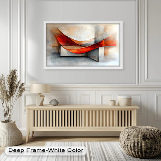 Visual rhythm is created by the white and red geometric art, a modern framed oil painting, its forms and colors setting an engaging repetition for oil painting wall art.