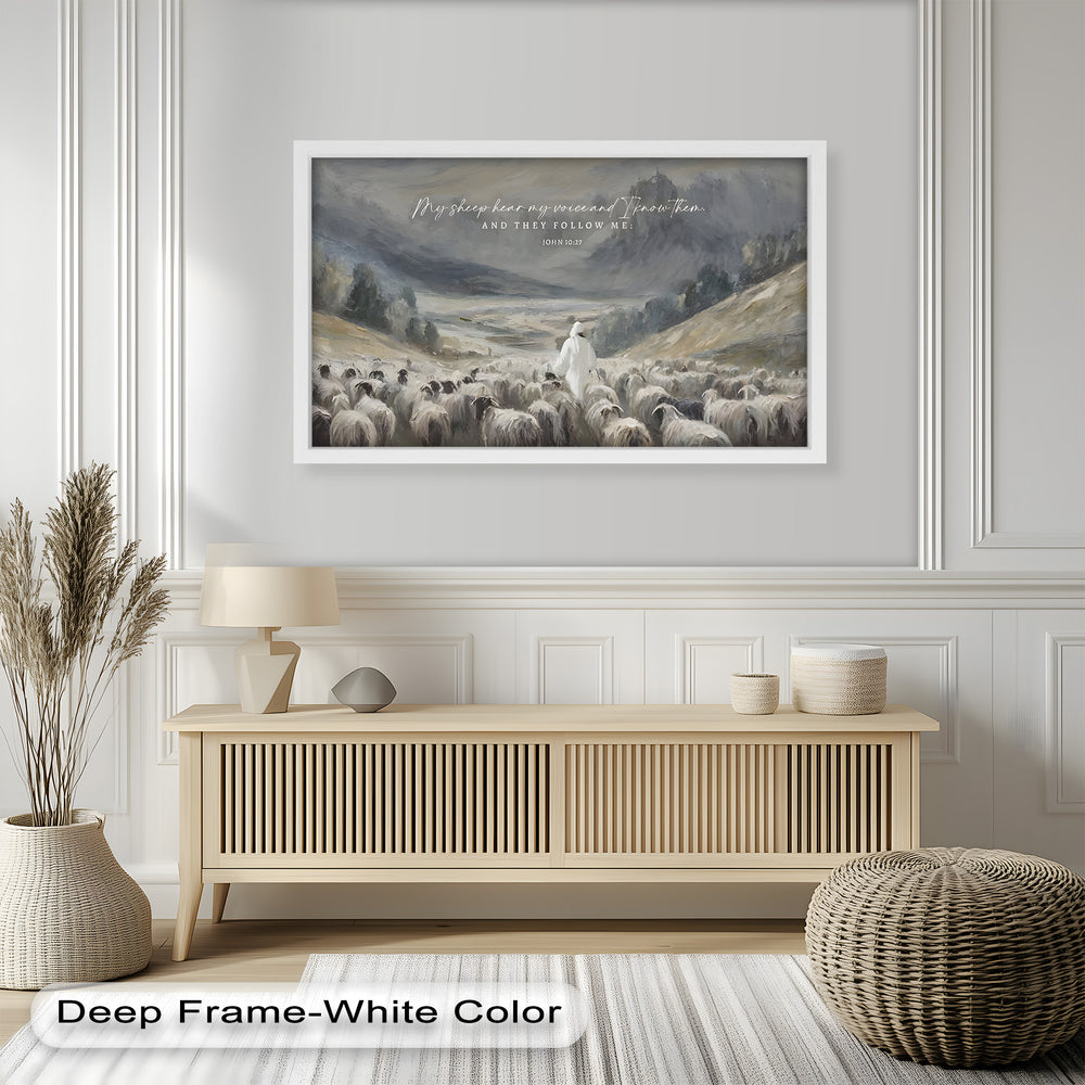 Spiritual painting depicting Christ guiding sheep in a misty, mountainous landscape.
