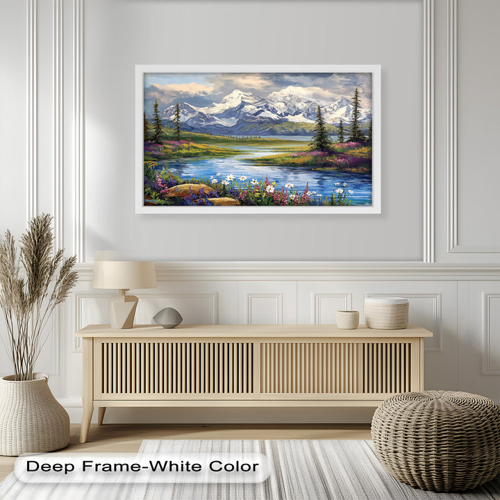 A perfect blend of bold and soft tones, this hand-painted masterpiece showcases a pristine alpine lake surrounded by lush greenery and colorful wildflowers. A timeless statement piece for any room.

