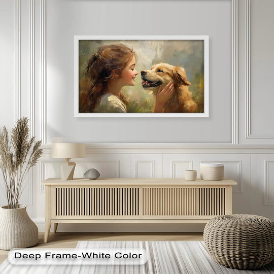 Gentle light emphasizes the seamless transition between colors within this heartwarming animal oil painting decoration, showcasing a girl and her golden retriever.